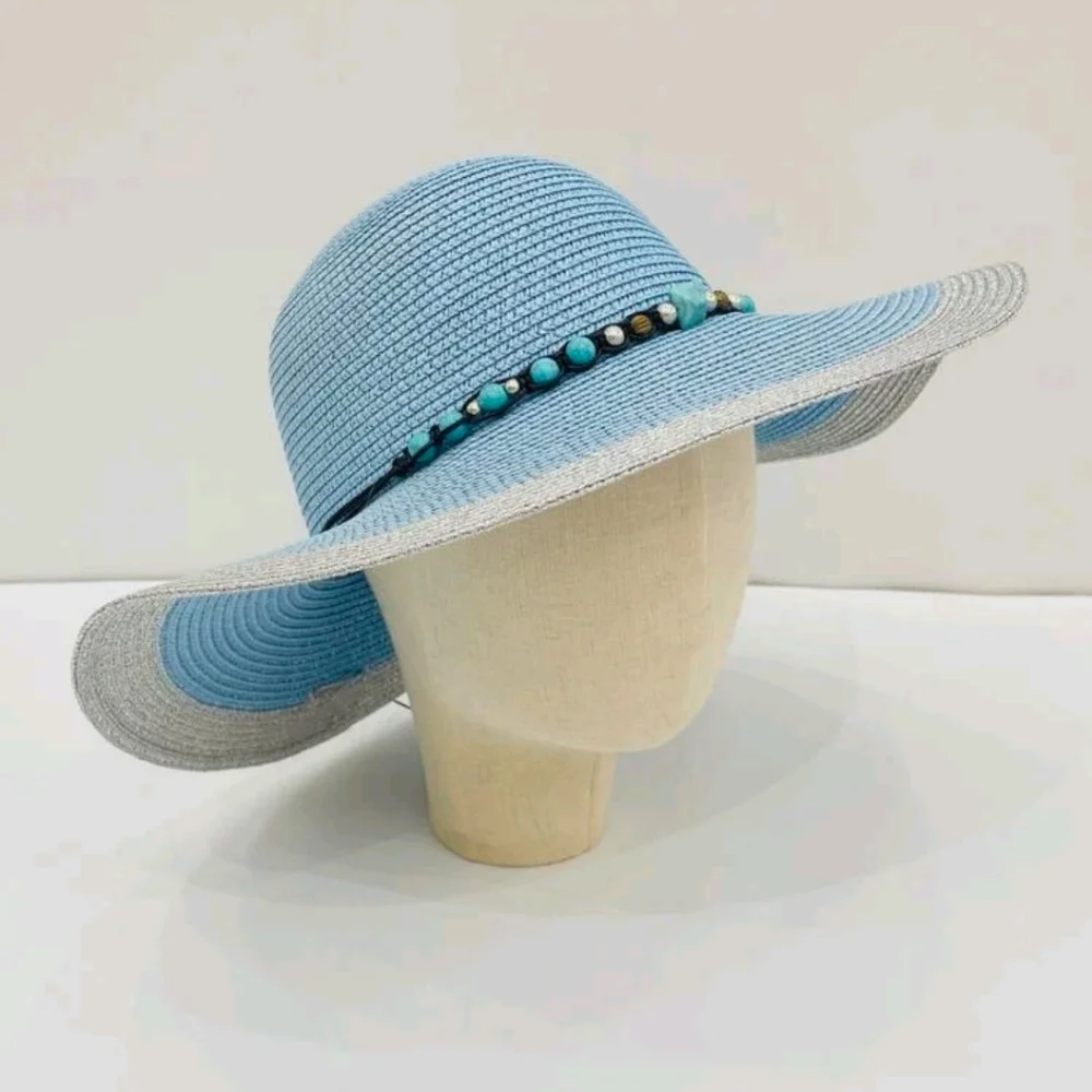 Floppy Hat Color block Blue Silver Shimmer Faux Turquoise Stone Beads - Picture 5 of 7